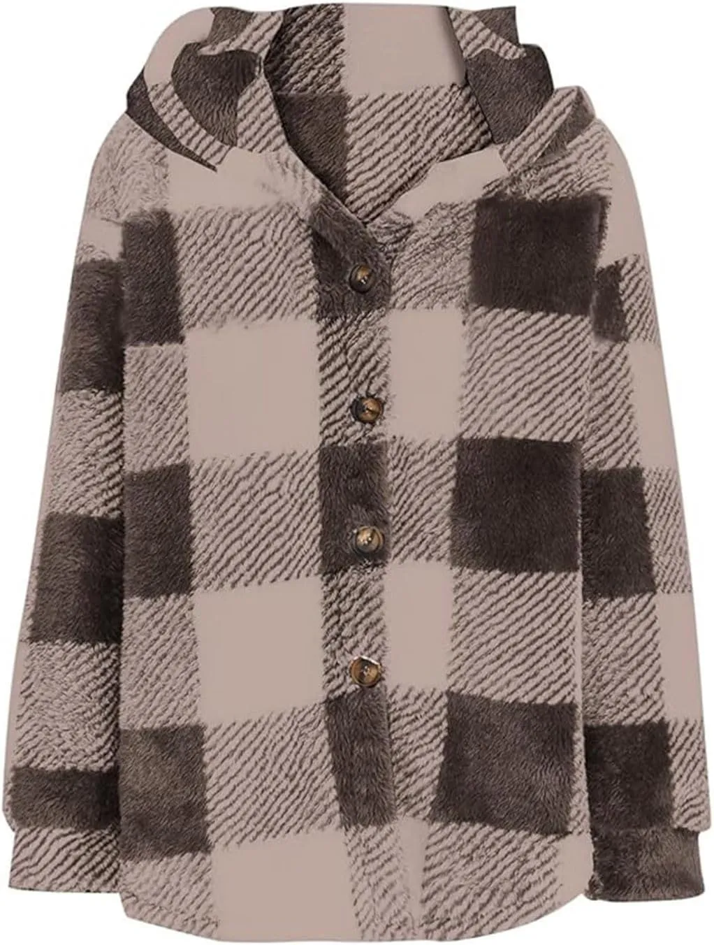 Womens Fuzzy Fleece Plaid Jacket Flannel Hooded Button Down Outerwear Fashion Lightweight Open Front Sherpa Cardigan