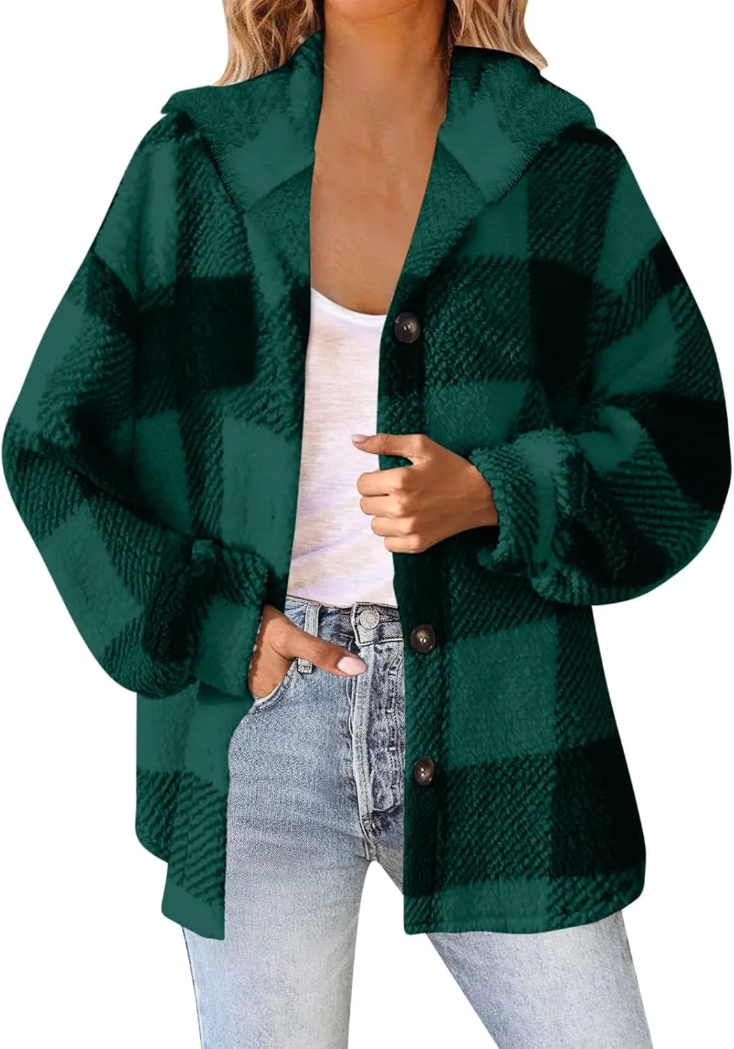 Womens Fuzzy Fleece Plaid Jacket Flannel Hooded Button Down Outerwear Fashion Lightweight Open Front Sherpa Cardigan