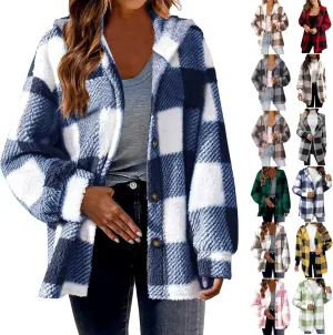 Womens Fuzzy Fleece Plaid Jacket Flannel Hooded Button Down Outerwear Fashion Lightweight Open Front Sherpa Cardigan