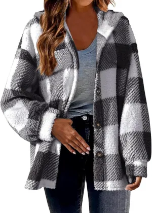 Womens Fuzzy Fleece Plaid Jacket Flannel Hooded Button Down Outerwear Fashion Lightweight Open Front Sherpa Cardigan