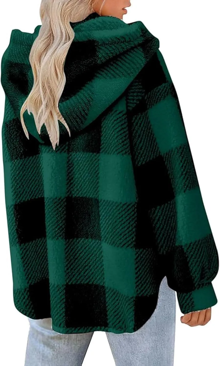 Womens Fuzzy Fleece Plaid Jacket Flannel Hooded Button Down Outerwear Fashion Lightweight Open Front Sherpa Cardigan