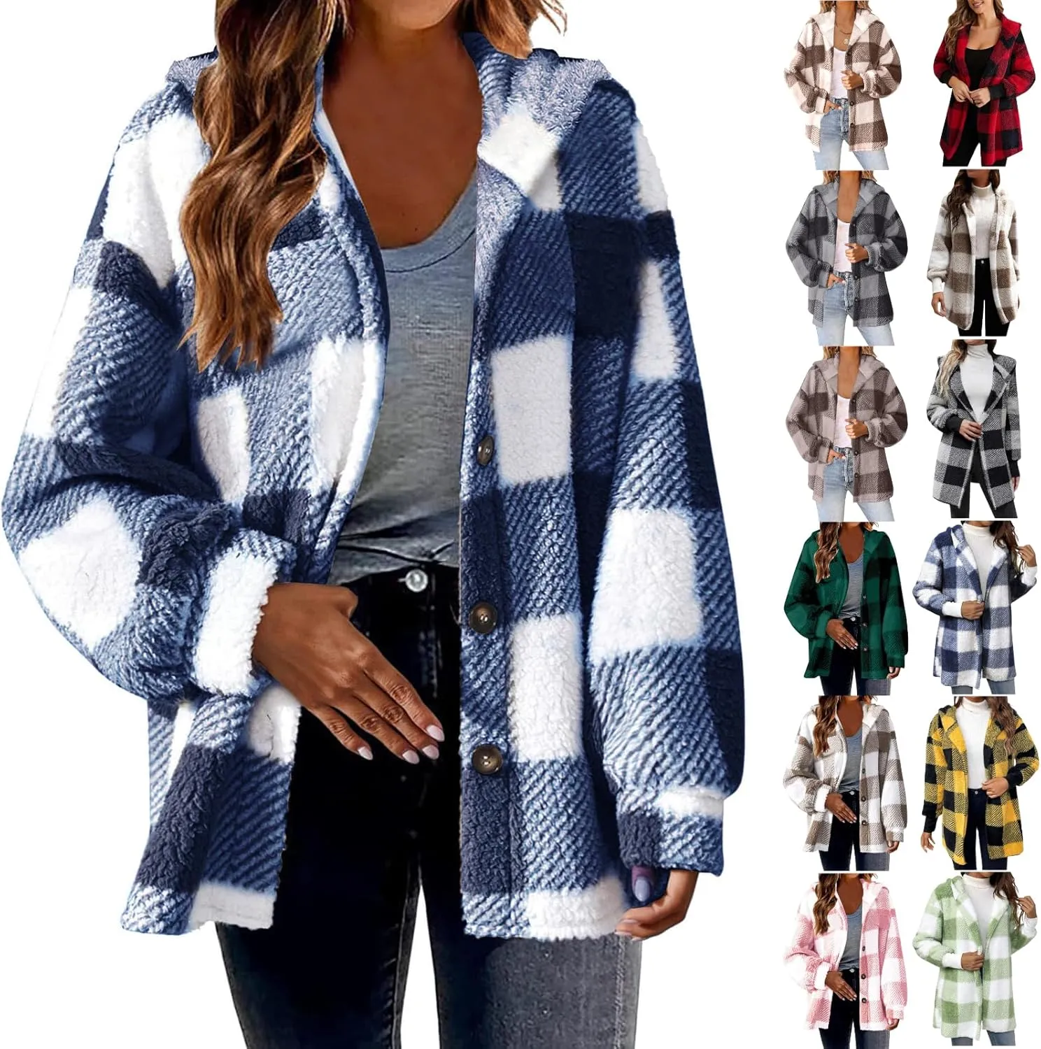 Womens Fuzzy Fleece Plaid Jacket Flannel Hooded Button Down Outerwear Fashion Lightweight Open Front Sherpa Cardigan