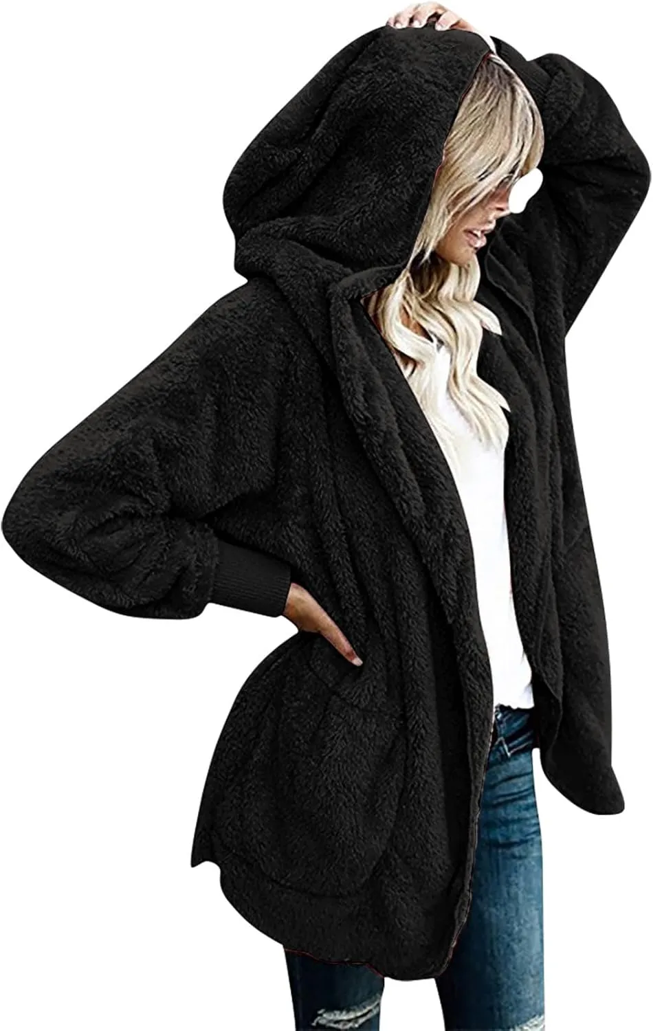 Womens Fuzzy Sherpa Cardigan Open Front Fleece Jacket Oversized Graphic Hoodies With Stars Cute Soft Winter Outfits