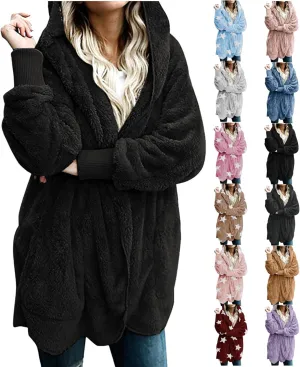 Womens Fuzzy Sherpa Cardigan Open Front Fleece Jacket Oversized Graphic Hoodies With Stars Cute Soft Winter Outfits