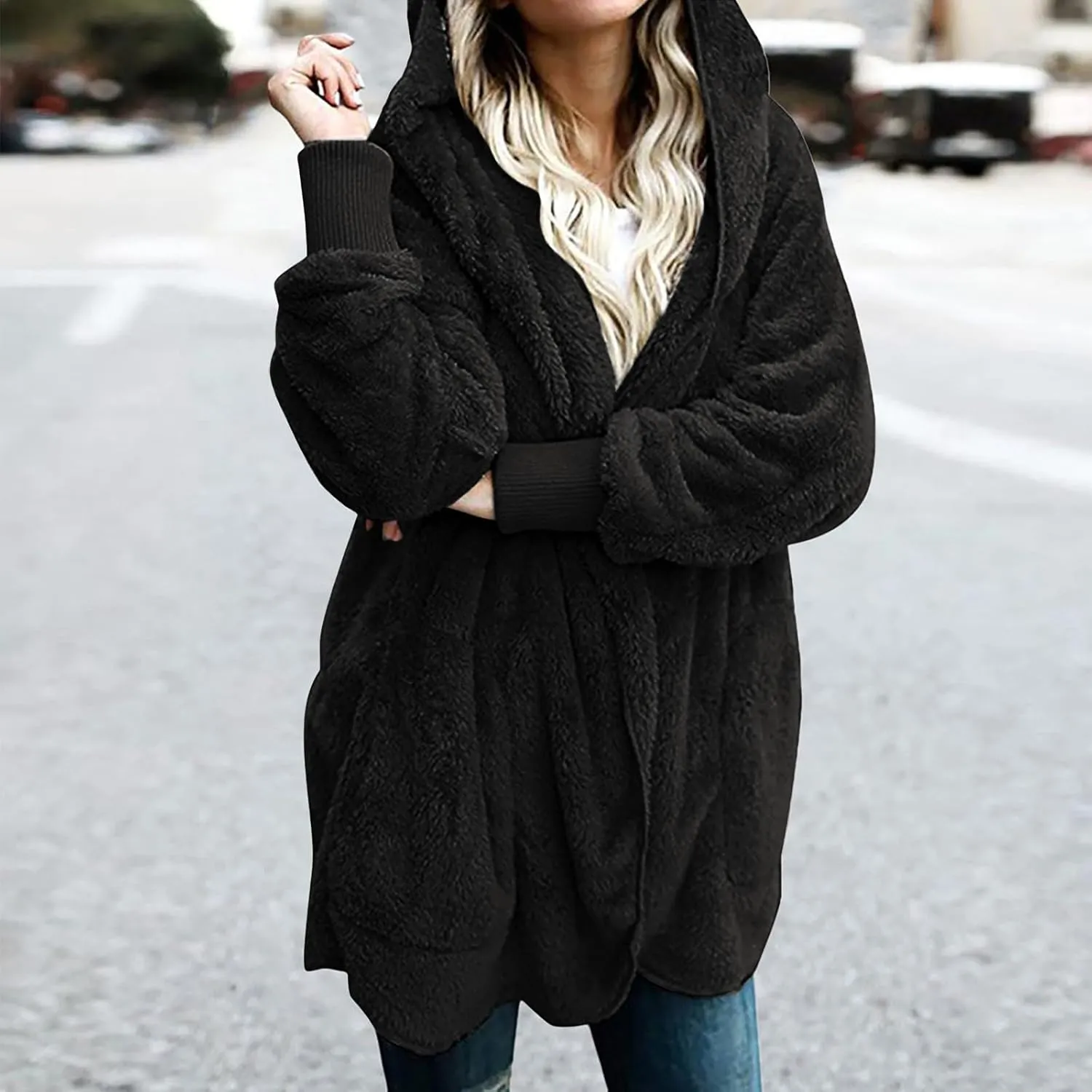 Womens Fuzzy Sherpa Cardigan Open Front Fleece Jacket Oversized Graphic Hoodies With Stars Cute Soft Winter Outfits