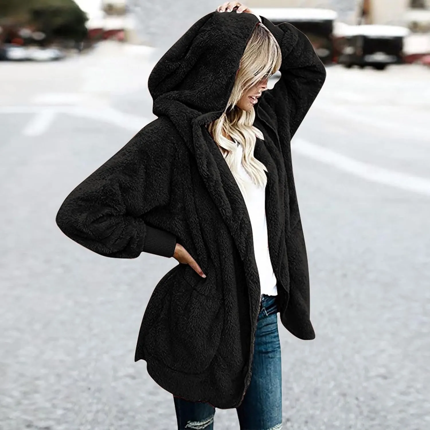 Womens Fuzzy Sherpa Cardigan Open Front Fleece Jacket Oversized Graphic Hoodies With Stars Cute Soft Winter Outfits