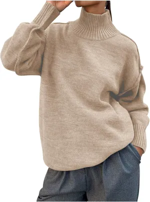 Womens High Neck Cable Knit Long Sleeve Sweaters Trendy Solid Loose Casual Oversize Turtleneck Pullovers Sweater