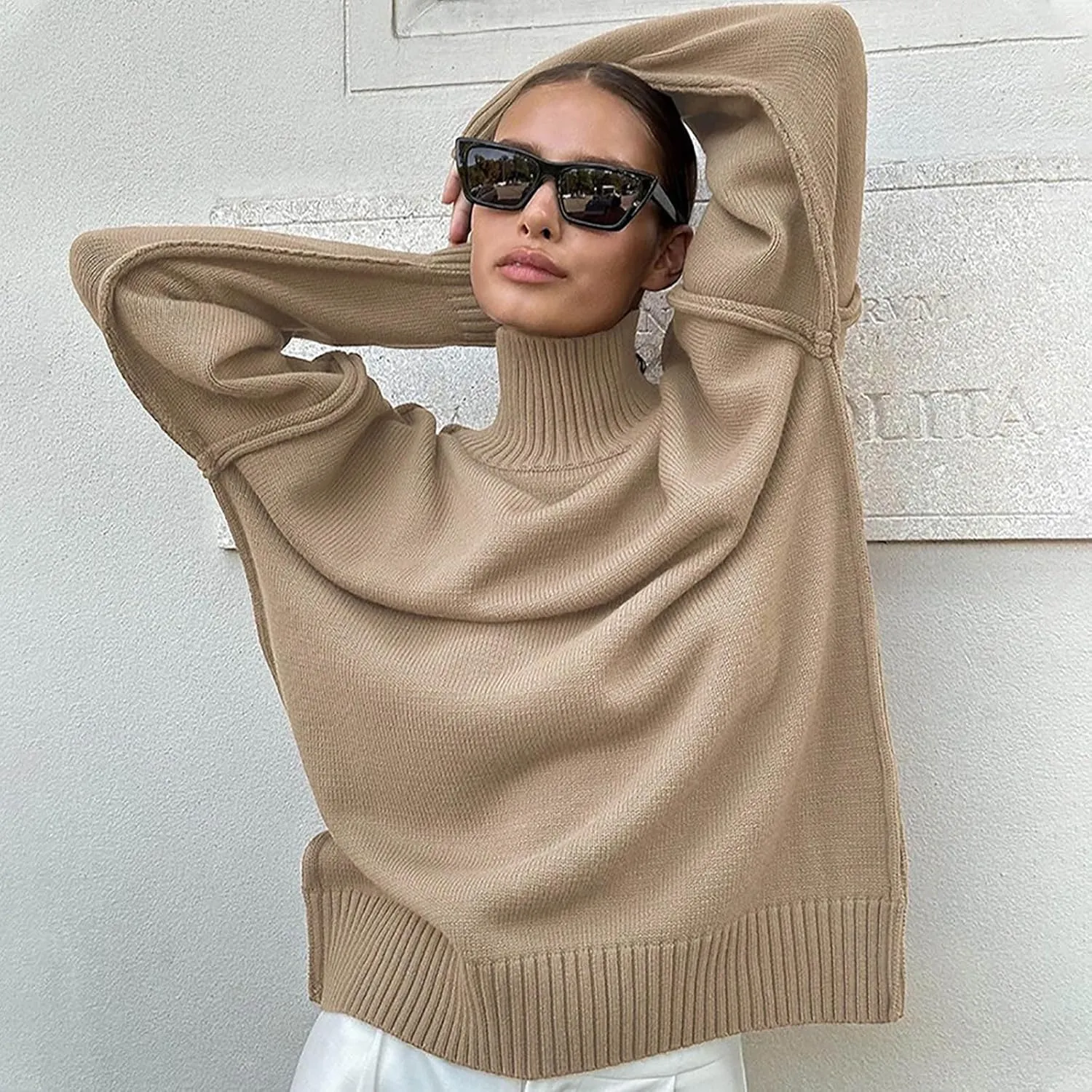 Womens High Neck Cable Knit Long Sleeve Sweaters Trendy Solid Loose Casual Oversize Turtleneck Pullovers Sweater