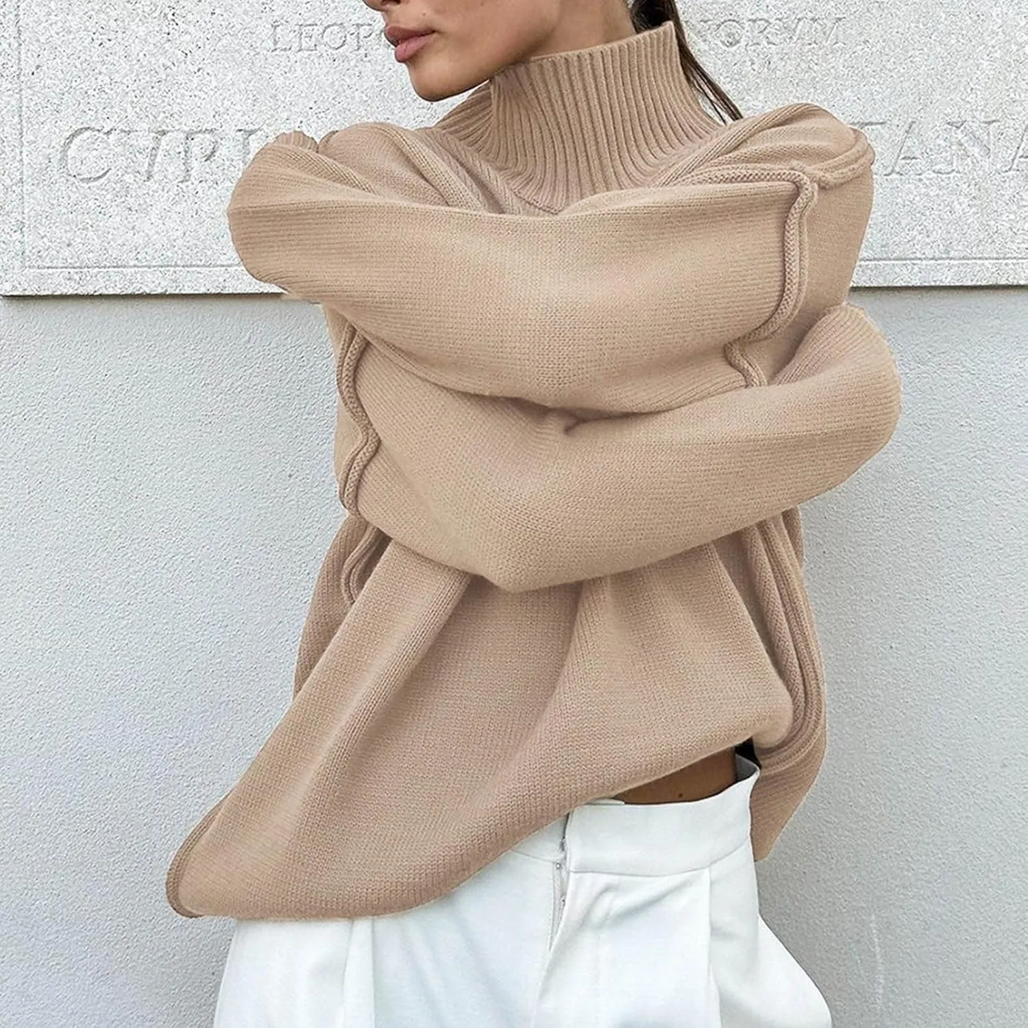 Womens High Neck Cable Knit Long Sleeve Sweaters Trendy Solid Loose Casual Oversize Turtleneck Pullovers Sweater