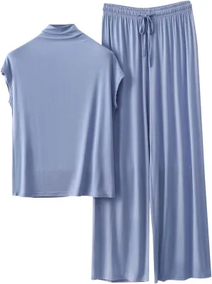 Women's High Neck Sleeveless Modal Lounge Sets 2 Piece Pajama Outfits Soft Tops and Wide Leg Pants Comfy Sleepwear