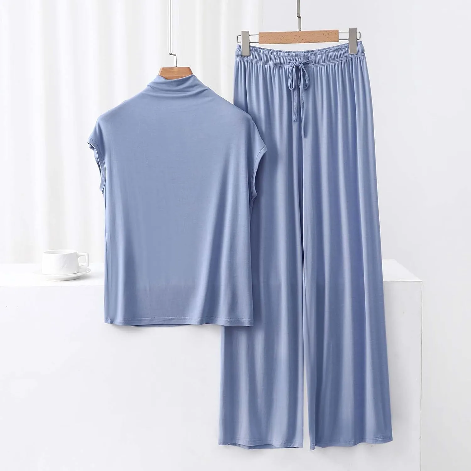 Women's High Neck Sleeveless Modal Lounge Sets 2 Piece Pajama Outfits Soft Tops and Wide Leg Pants Comfy Sleepwear