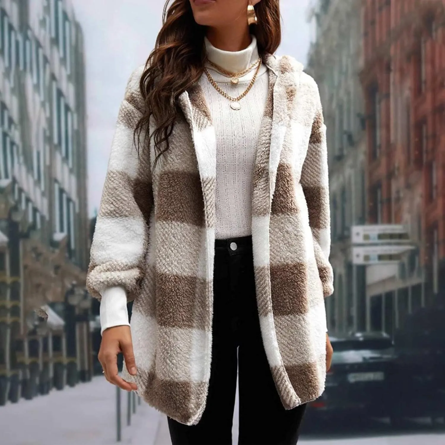 Womens Hooded Fuzzy Sherpa Lined Fleece Jacket Open Front Buffalo Plaid Cardigan Comfy Soft Winter Clothes