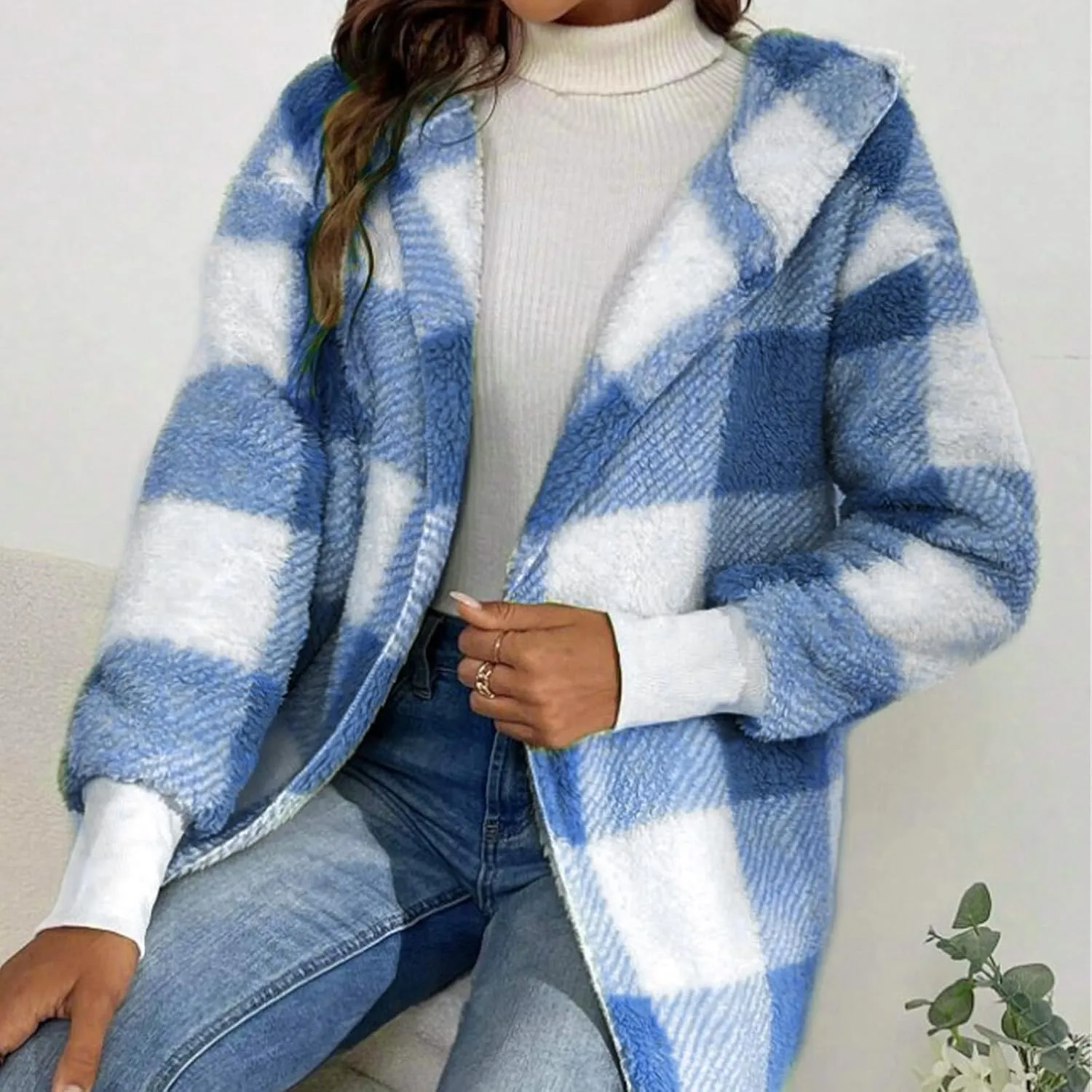 Womens Hooded Fuzzy Sherpa Lined Fleece Jacket Open Front Buffalo Plaid Cardigan Comfy Soft Winter Clothes