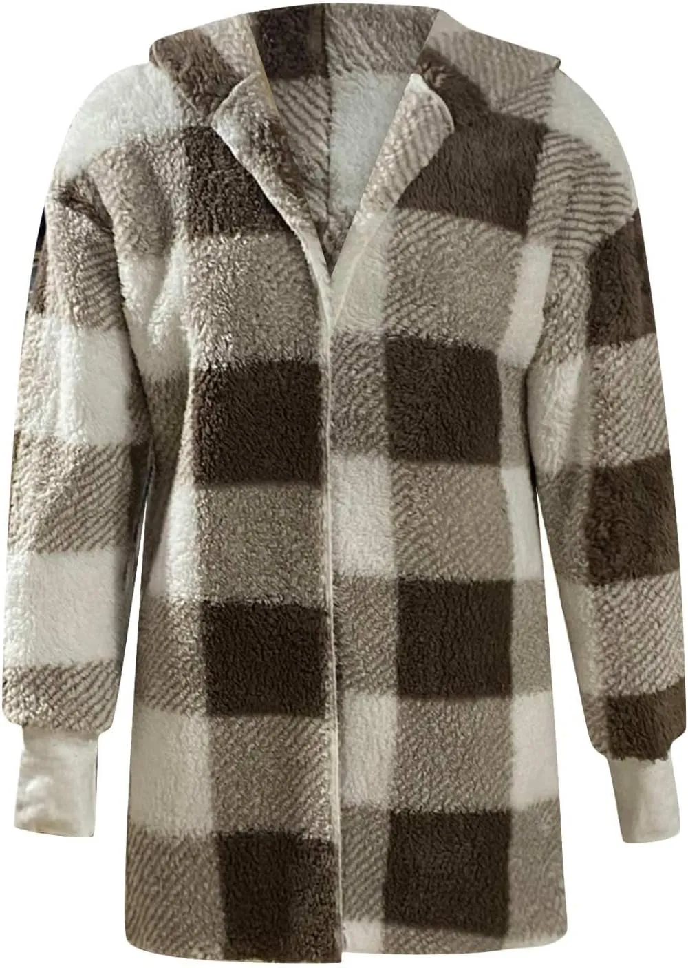 Womens Hooded Fuzzy Sherpa Lined Fleece Jacket Open Front Buffalo Plaid Cardigan Comfy Soft Winter Clothes