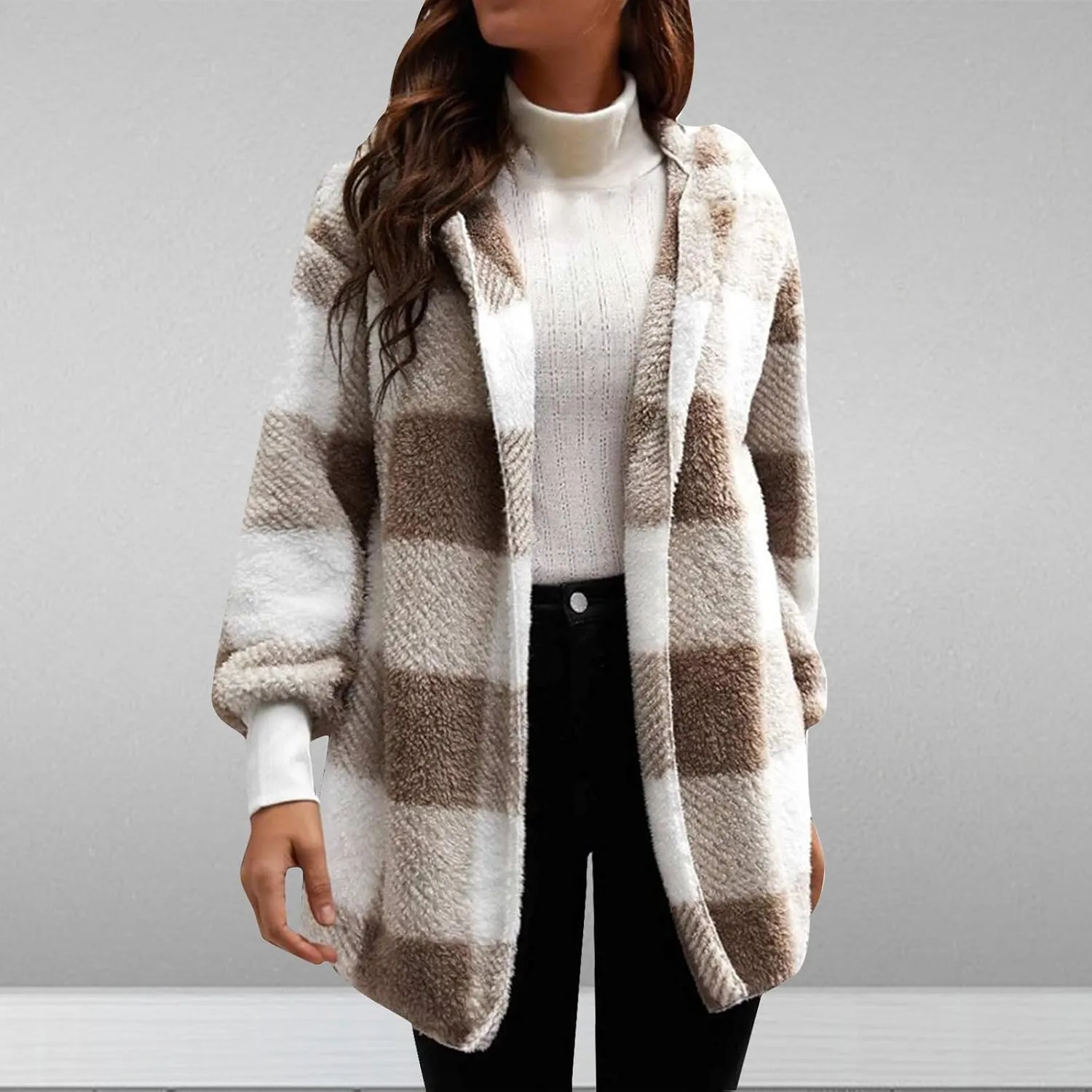 Womens Hooded Fuzzy Sherpa Lined Fleece Jacket Open Front Buffalo Plaid Cardigan Comfy Soft Winter Clothes