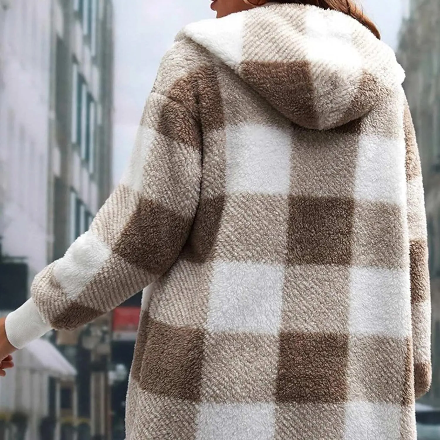 Womens Hooded Fuzzy Sherpa Lined Fleece Jacket Open Front Buffalo Plaid Cardigan Comfy Soft Winter Clothes
