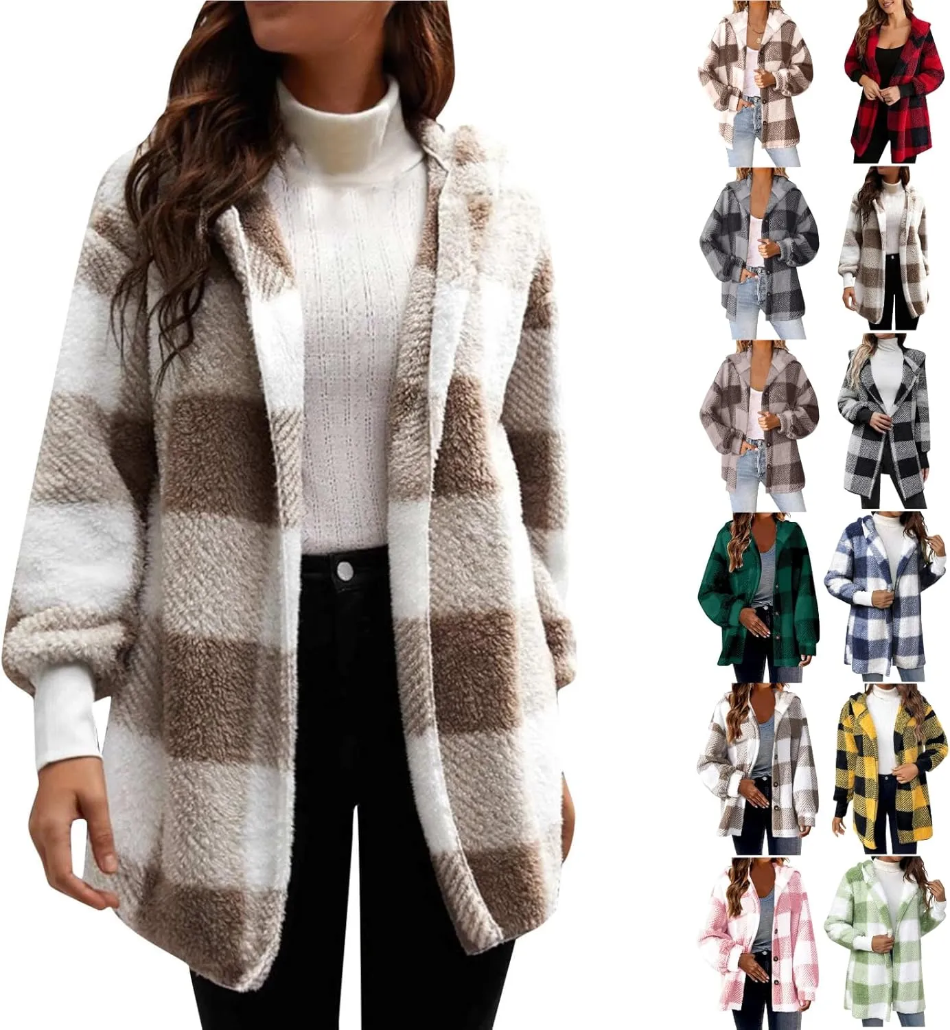 Womens Hooded Fuzzy Sherpa Lined Fleece Jacket Open Front Buffalo Plaid Cardigan Comfy Soft Winter Clothes