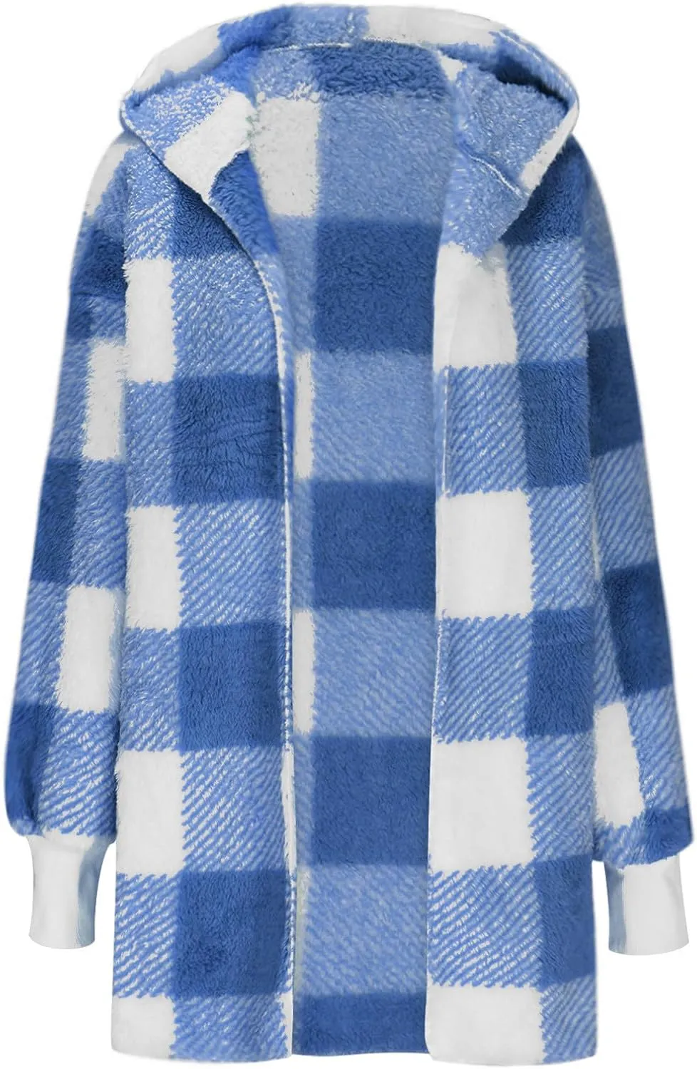 Womens Hooded Fuzzy Sherpa Lined Fleece Jacket Open Front Buffalo Plaid Cardigan Comfy Soft Winter Clothes