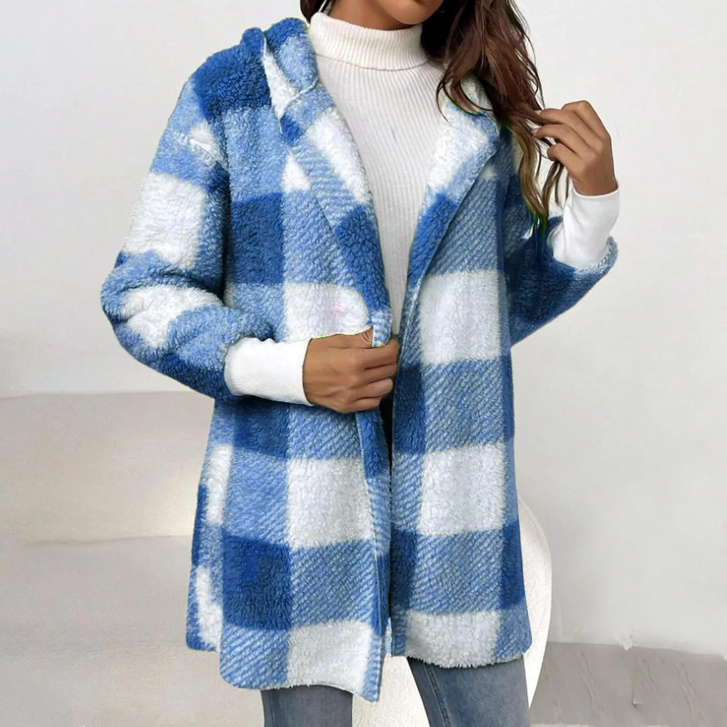 Womens Hooded Fuzzy Sherpa Lined Fleece Jacket Open Front Buffalo Plaid Cardigan Comfy Soft Winter Clothes