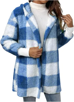 Womens Hooded Fuzzy Sherpa Lined Fleece Jacket Open Front Buffalo Plaid Cardigan Comfy Soft Winter Clothes