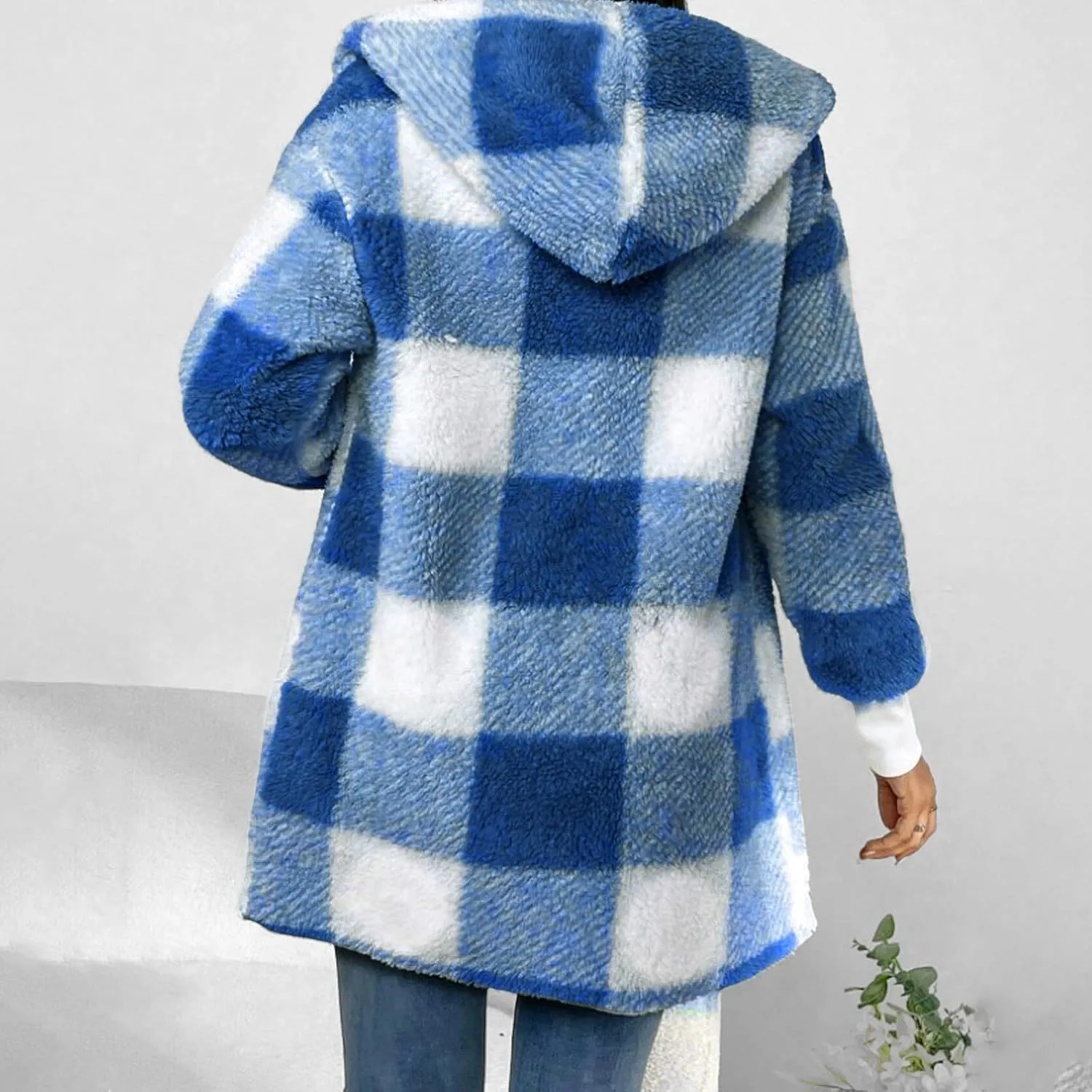 Womens Hooded Fuzzy Sherpa Lined Fleece Jacket Open Front Buffalo Plaid Cardigan Comfy Soft Winter Clothes