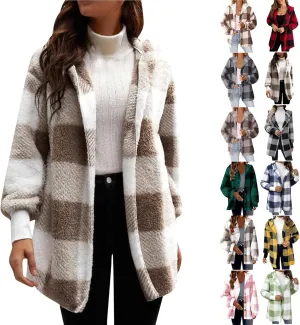 Womens Hooded Fuzzy Sherpa Lined Fleece Jacket Open Front Buffalo Plaid Cardigan Comfy Soft Winter Clothes