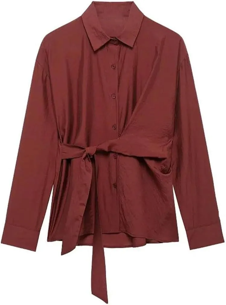 Women's Large Size Shirts Blouses Bow Lace-Up Long Sleeve Tops Office Elegant Tops