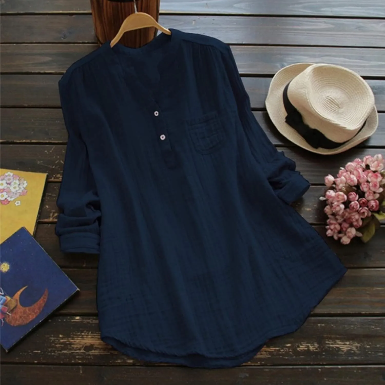Womens Linen Shirts Summer Linen Plain Solid Short Sleeve T-Shirt Casual Loose Henley V-Neck Tee Shirts