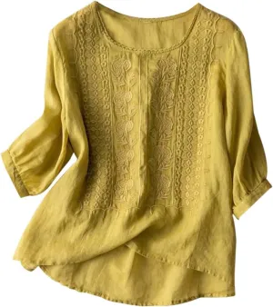 Women's Linen Tops Bohemian Short Sleeve Shirts Summer Loose Crewneck Casual Vintage Embroidered Blouse Tops