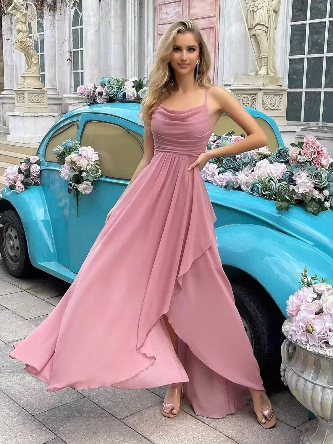 Women's Long Bridesmaid Dresses 2025 with Slit Spaghetti Straps Formal Party Gowns A Line Formal Dress PU162