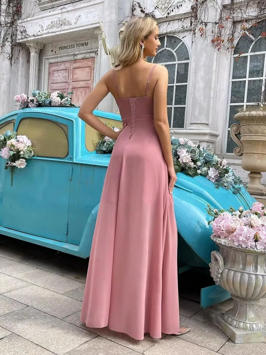 Women's Long Bridesmaid Dresses 2025 with Slit Spaghetti Straps Formal Party Gowns A Line Formal Dress PU162