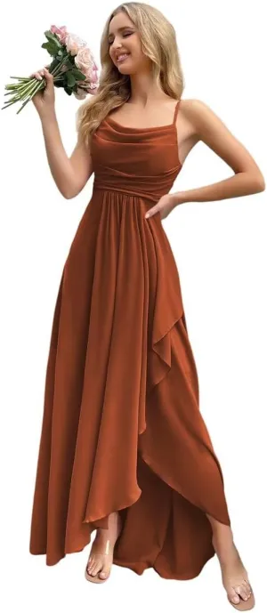 Women's Long Bridesmaid Dresses 2025 with Slit Spaghetti Straps Formal Party Gowns A Line Formal Dress PU162