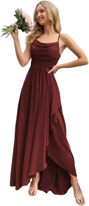 Women's Long Bridesmaid Dresses 2025 with Slit Spaghetti Straps Formal Party Gowns A Line Formal Dress PU162