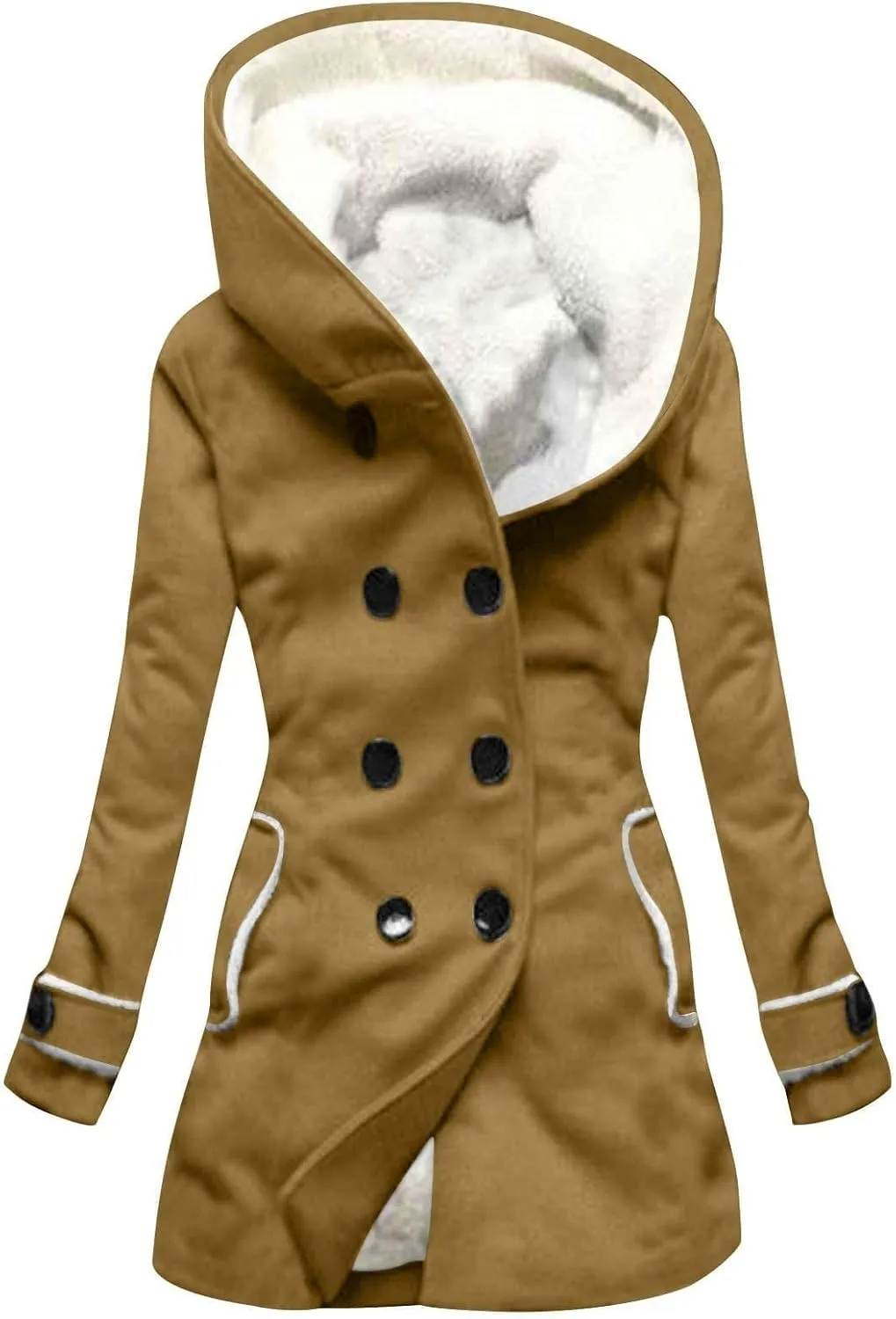Women's Long Sleeve Winter Coat Warm Shaggy Down Hooded Button Down Coat Jacket