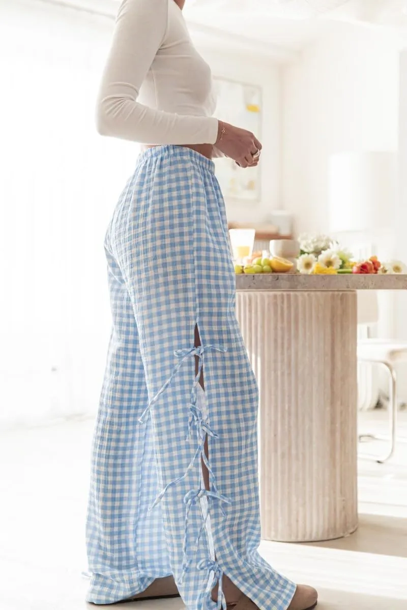 Womens Lounge Bowknot Tie Gingham Pajama Pants Preppy Plaid Sleep Pj Pants Cut Out Side Slit Aesthetic Long Pants