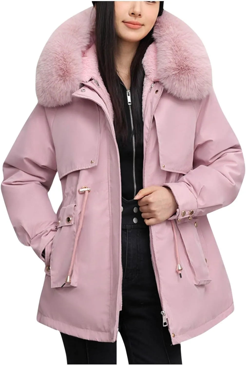 Women's Mid-Length Parka Winter Outerwear Jacket Soft Fleece Warm Snow Coats Reversible Jackets Fashion Cute Coat
