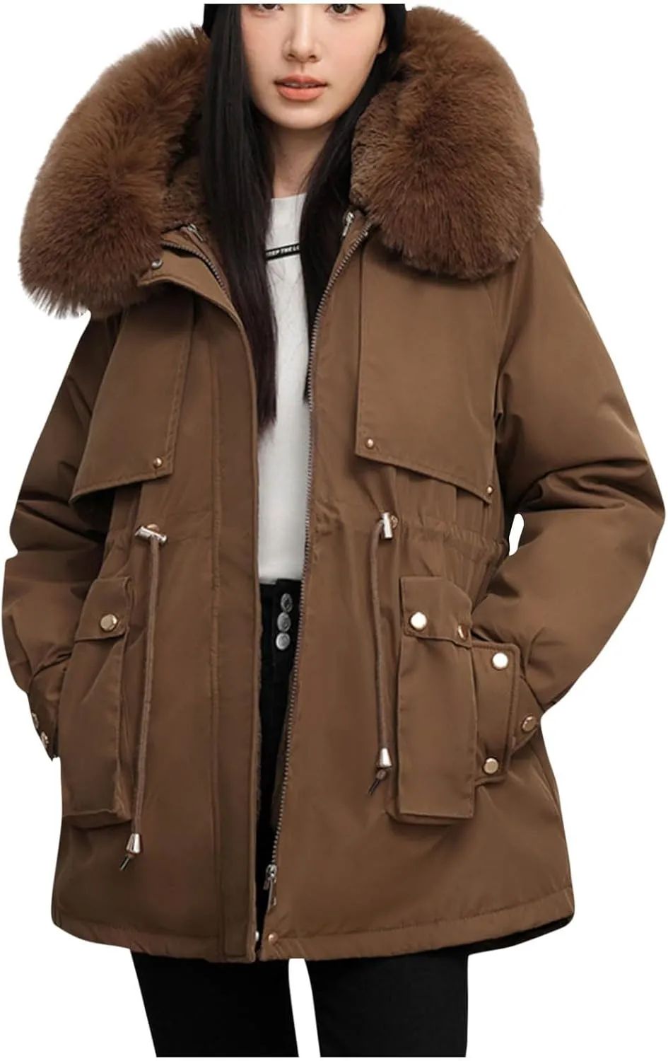 Women's Mid-Length Parka Winter Outerwear Jacket Soft Fleece Warm Snow Coats Reversible Jackets Fashion Cute Coat