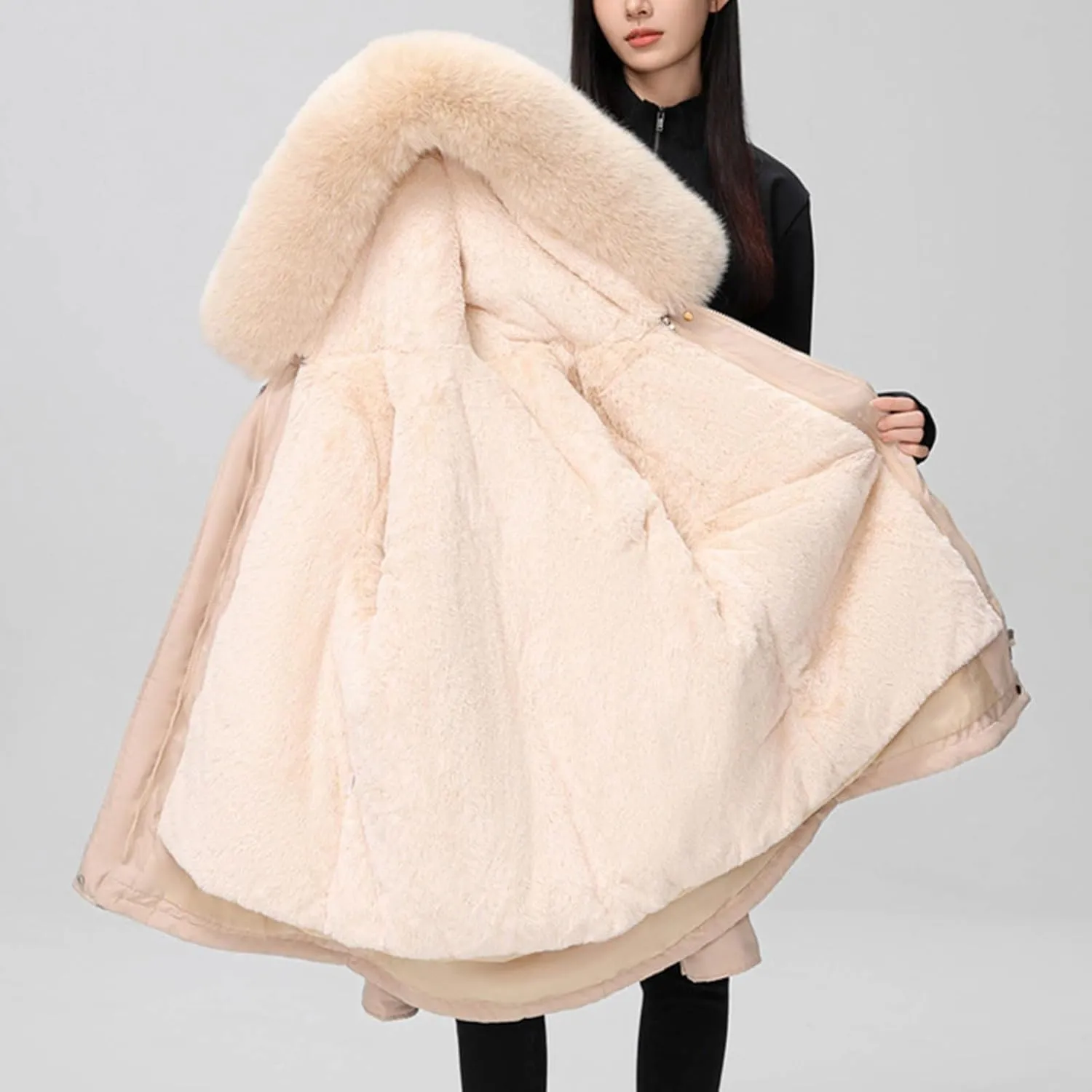 Women's Mid-Length Parka Winter Outerwear Jacket Soft Fleece Warm Snow Coats Reversible Jackets Fashion Cute Coat