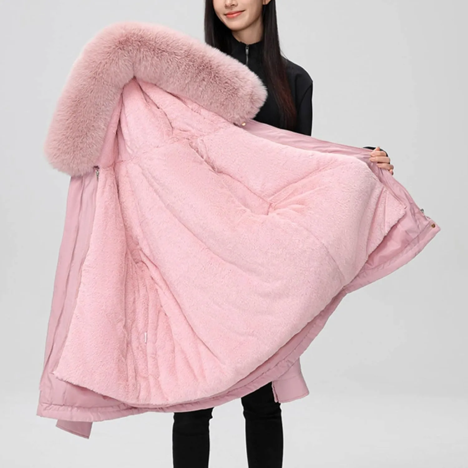 Women's Mid-Length Parka Winter Outerwear Jacket Soft Fleece Warm Snow Coats Reversible Jackets Fashion Cute Coat
