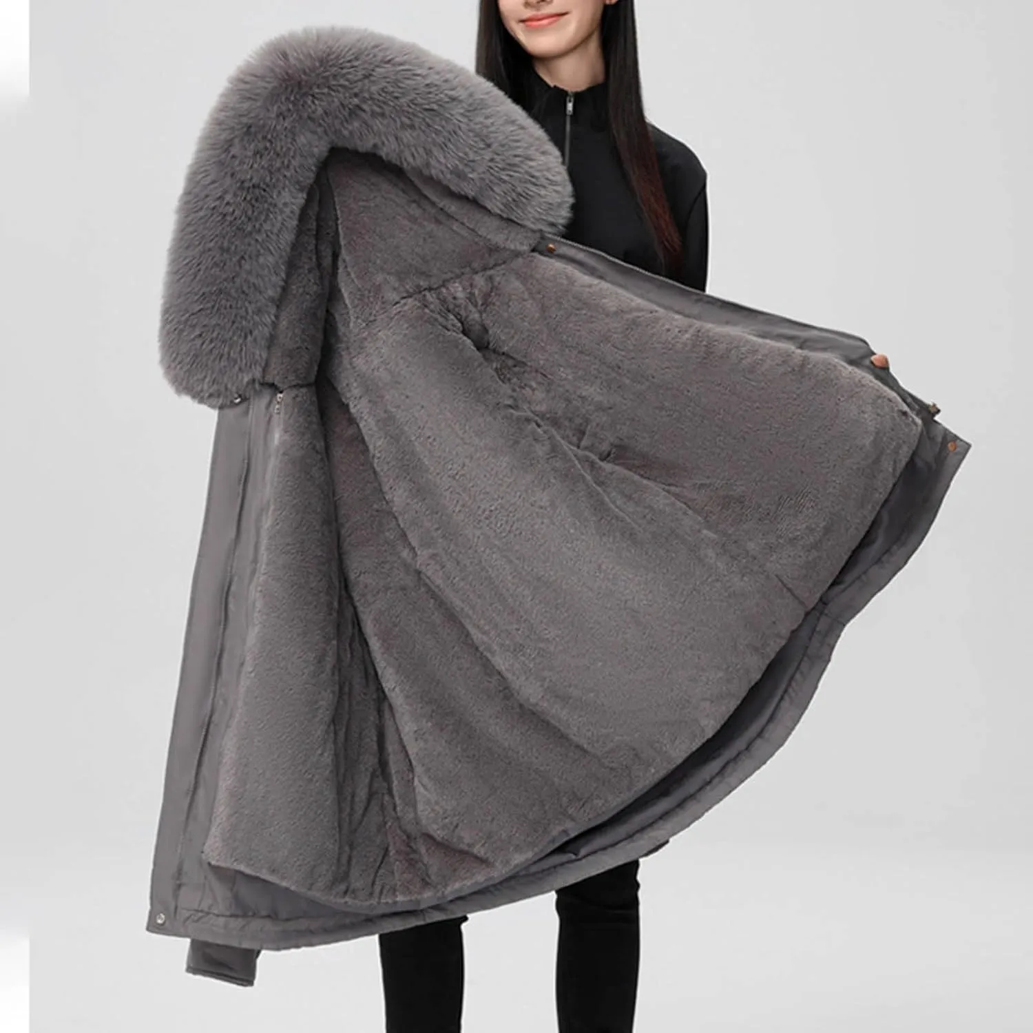 Women's Mid-Length Parka Winter Outerwear Jacket Soft Fleece Warm Snow Coats Reversible Jackets Fashion Cute Coat
