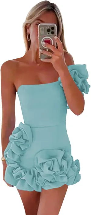 Women's One Shoulder Satin Homecoming Dresses for Teens Sexy Wrap Ruffles Mini Formal Cocktail Party Dress