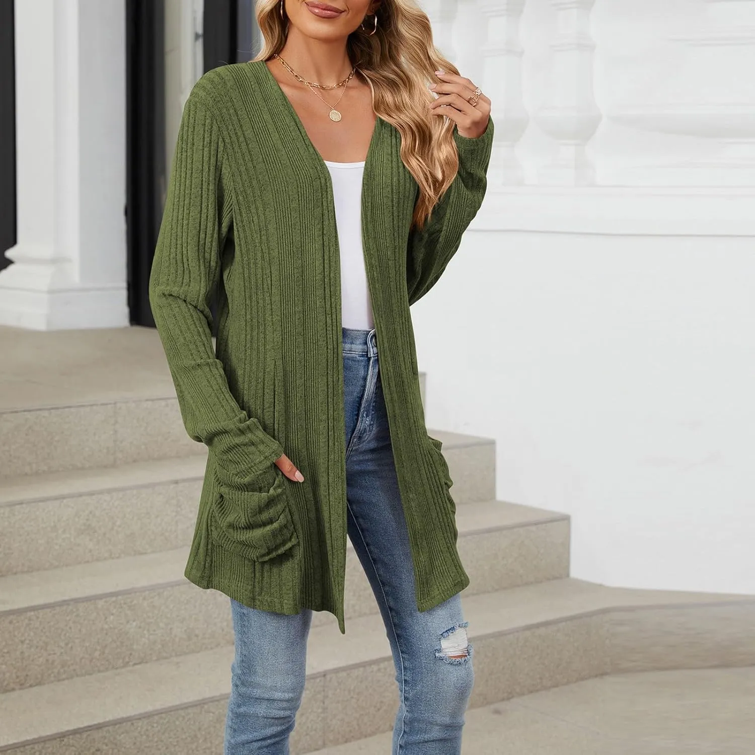 Womens Open Front Cardigan Lightweight Casual Long Sleeve Knit Sweaters Solid Color Outwear Fall Loungewear