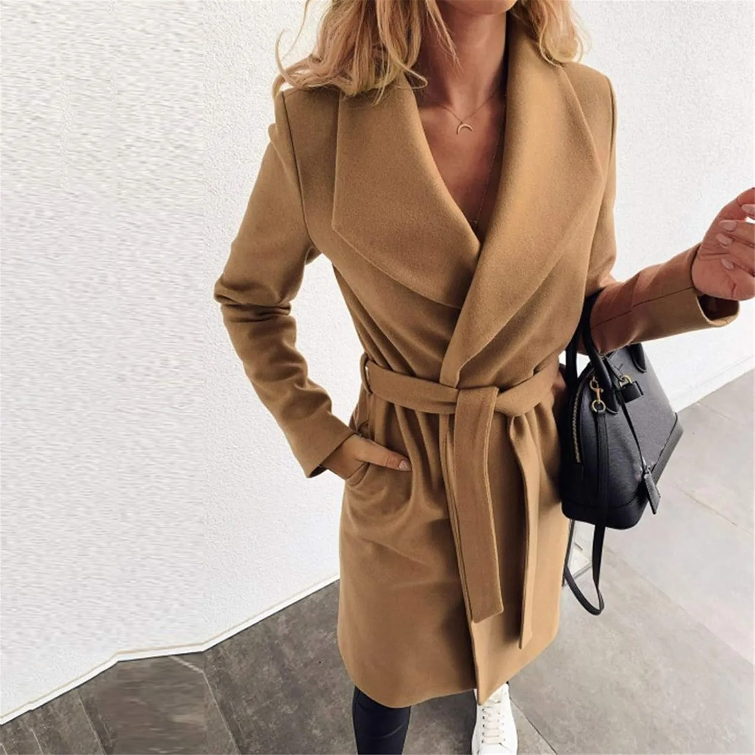 Women's Oversized Notched Collar Woolen Peacoat Trench Coat Casual Lapel Open Front Slim Fit Winter Blazer Cardigan Overcoat