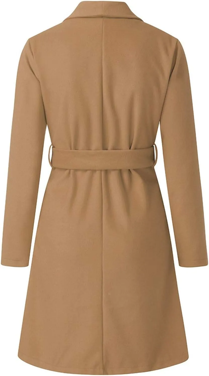 Women's Oversized Notched Collar Woolen Peacoat Trench Coat Casual Lapel Open Front Slim Fit Winter Blazer Cardigan Overcoat