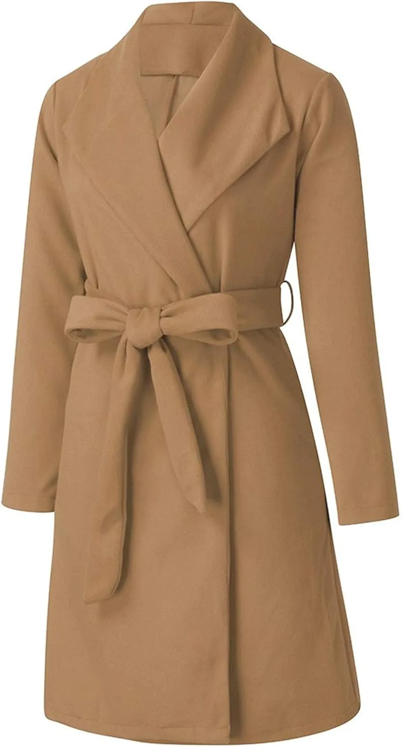 Women's Oversized Notched Collar Woolen Peacoat Trench Coat Casual Lapel Open Front Slim Fit Winter Blazer Cardigan Overcoat