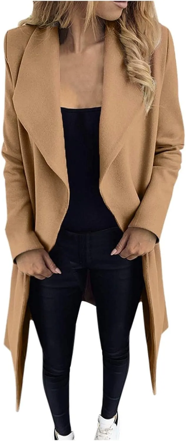Women's Oversized Notched Collar Woolen Peacoat Trench Coat Casual Lapel Open Front Slim Fit Winter Blazer Cardigan Overcoat