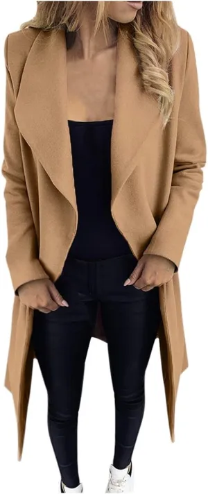 Women's Oversized Notched Collar Woolen Peacoat Trench Coat Casual Lapel Open Front Slim Fit Winter Blazer Cardigan Overcoat