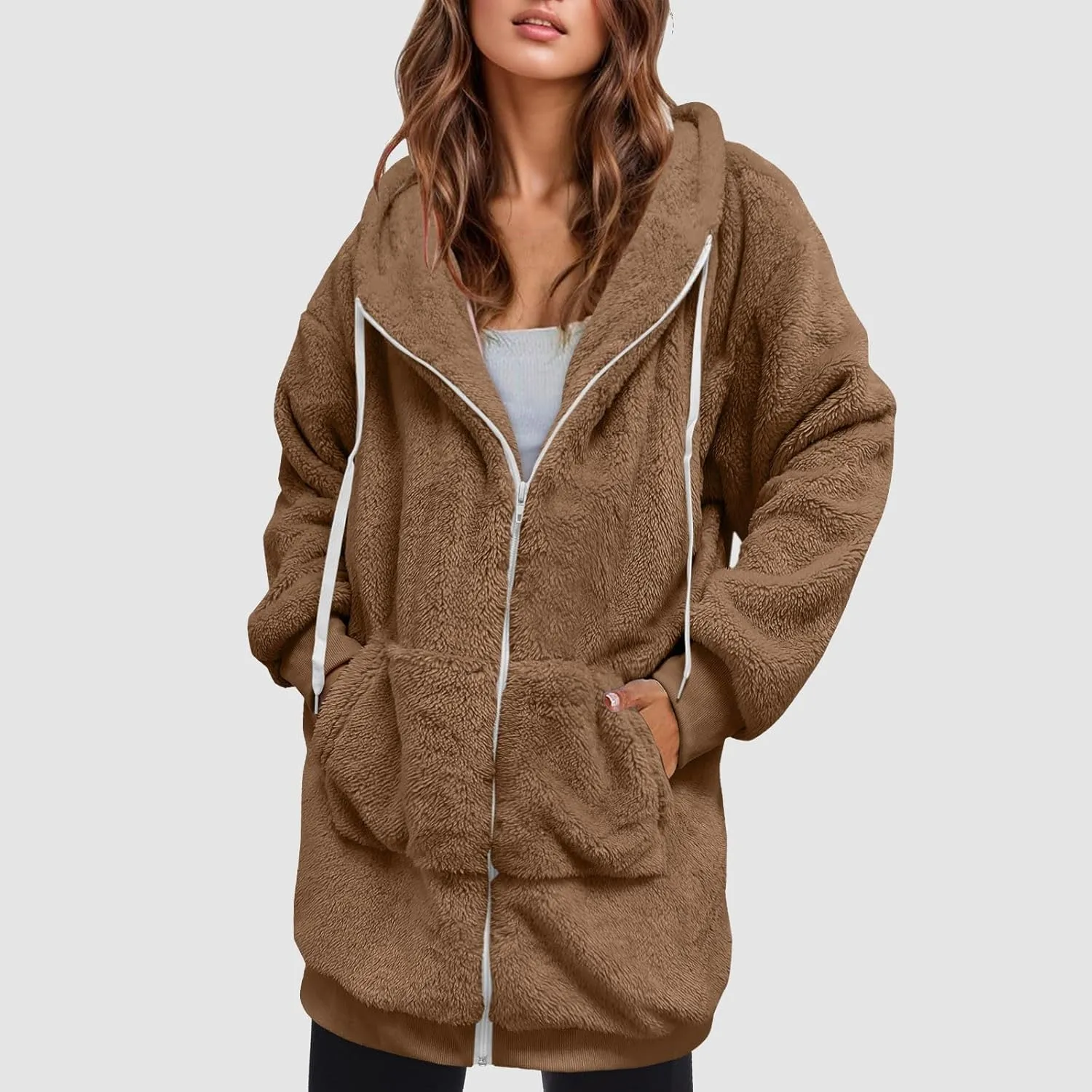 Women's Plus Size Casual Color Block Sweatshirt Zipper Hoodie Loose Blouse Warm Coat Boil Wool Jacket Women