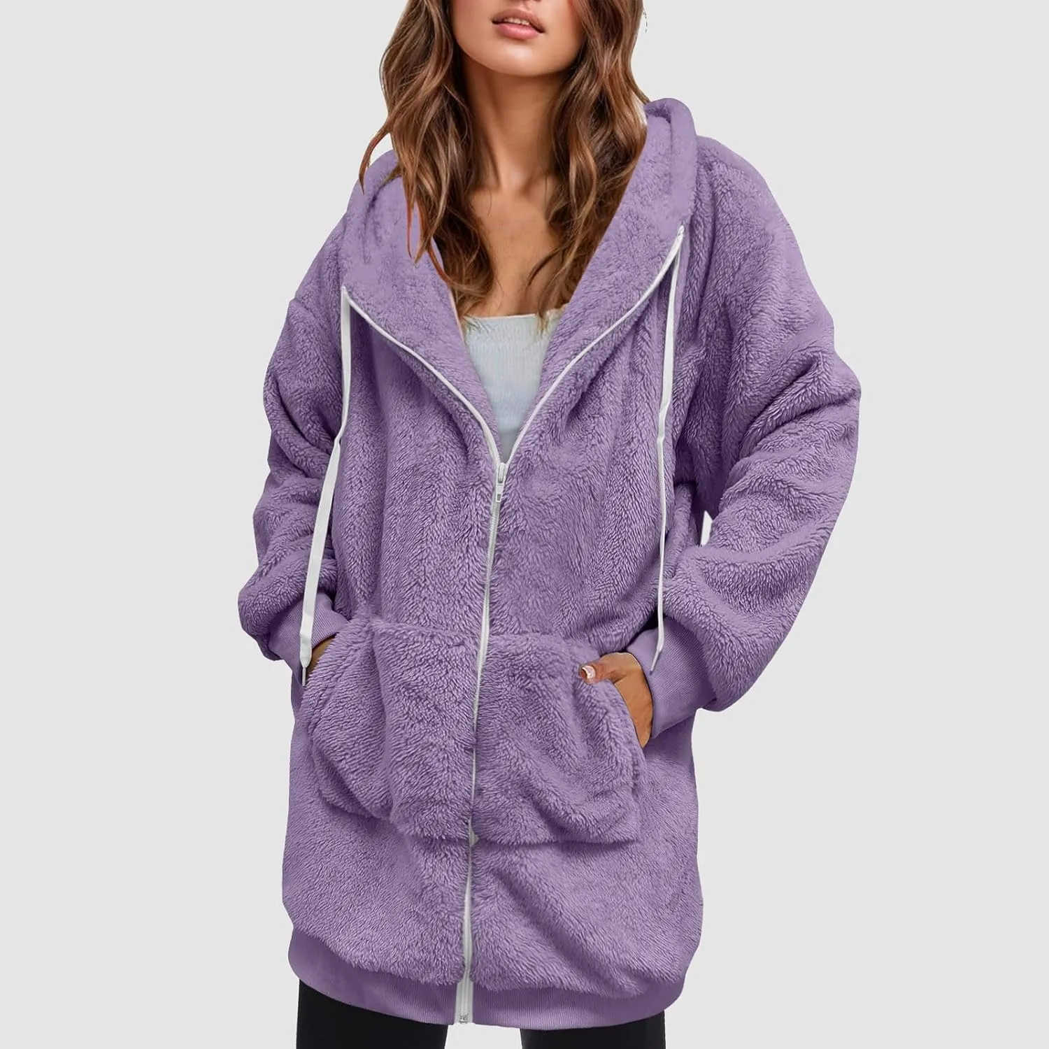 Women's Plus Size Casual Color Block Sweatshirt Zipper Hoodie Loose Blouse Warm Coat Boil Wool Jacket Women