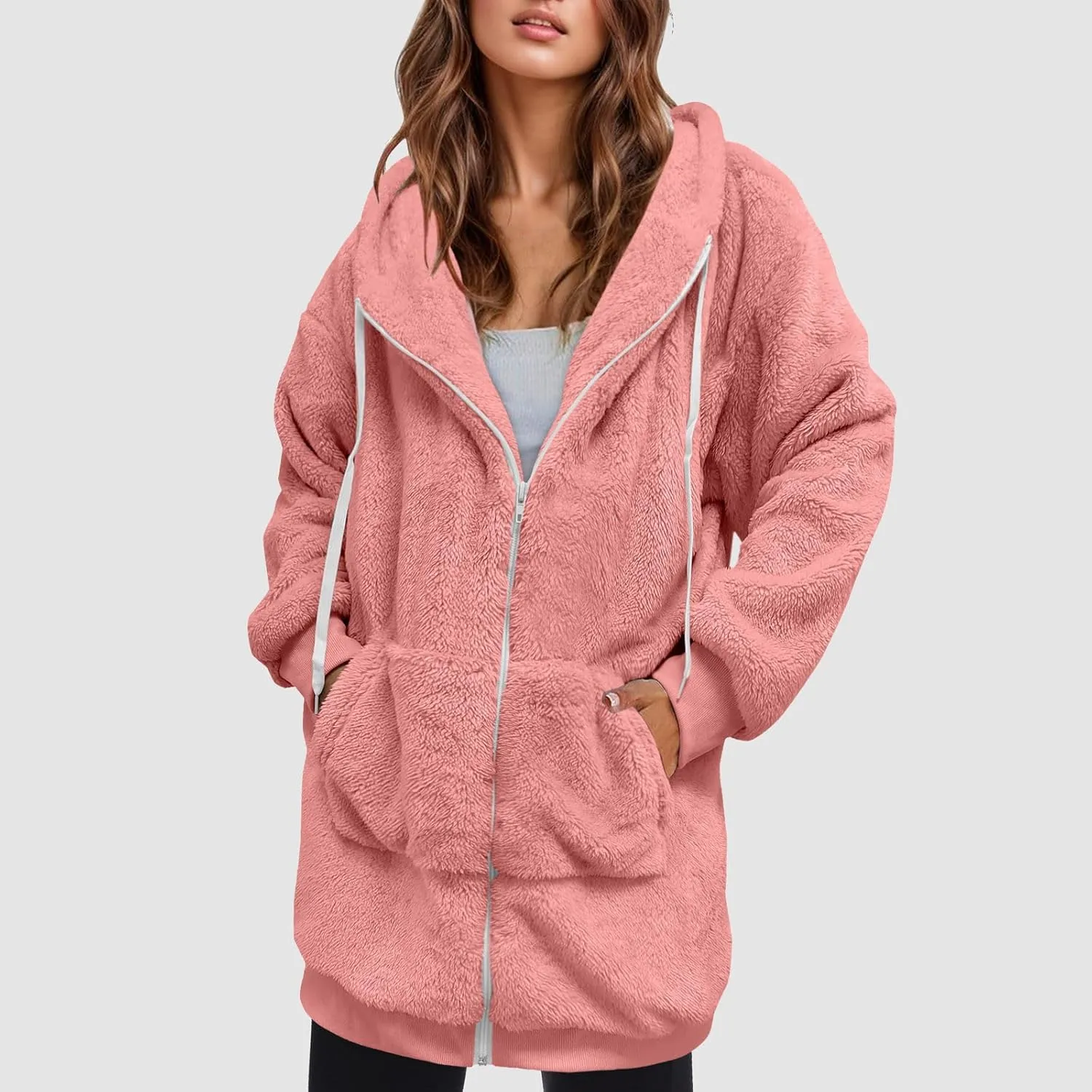 Women's Plus Size Casual Color Block Sweatshirt Zipper Hoodie Loose Blouse Warm Coat Boil Wool Jacket Women